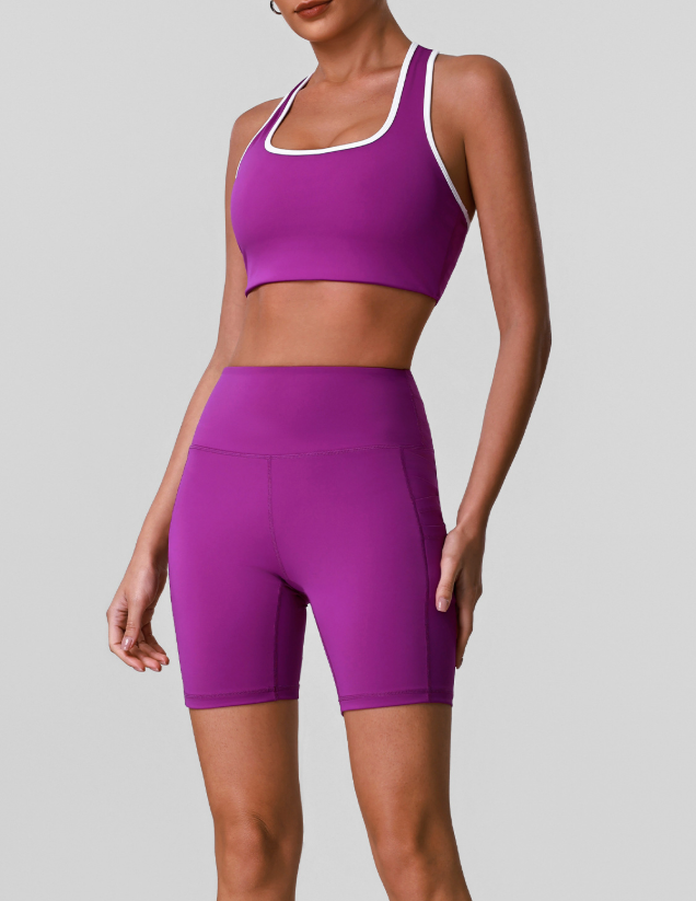 Nude Feel Fitness Side Pocket Shorts Shockproof Sports Bra High Waist Hip Lift Running Exercise Yoga Clothes Two Piece Sets The size is a bit small YiGlo