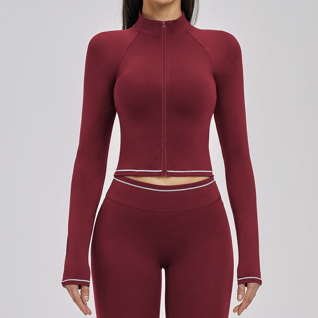 Contrast Color Brushed Yoga Coat Zipper Windproof Slim Jacket Outdoor Sports Running Fitness Clothes Women Sollinarry
