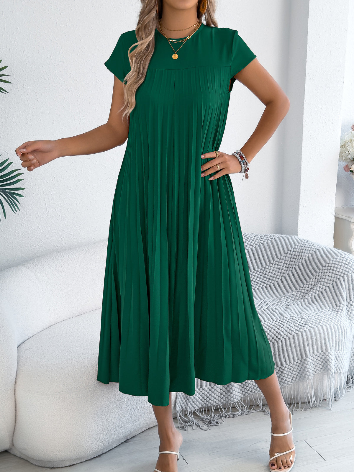 Women Clothing Spring Summer Casual Loose Short Sleeves Pocket Pleated Dress（No Belt） BAGIISA