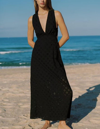 Women Clothing Summer French Hollow Out Cutout Embroidered Halter Sleeveless Dress Howe