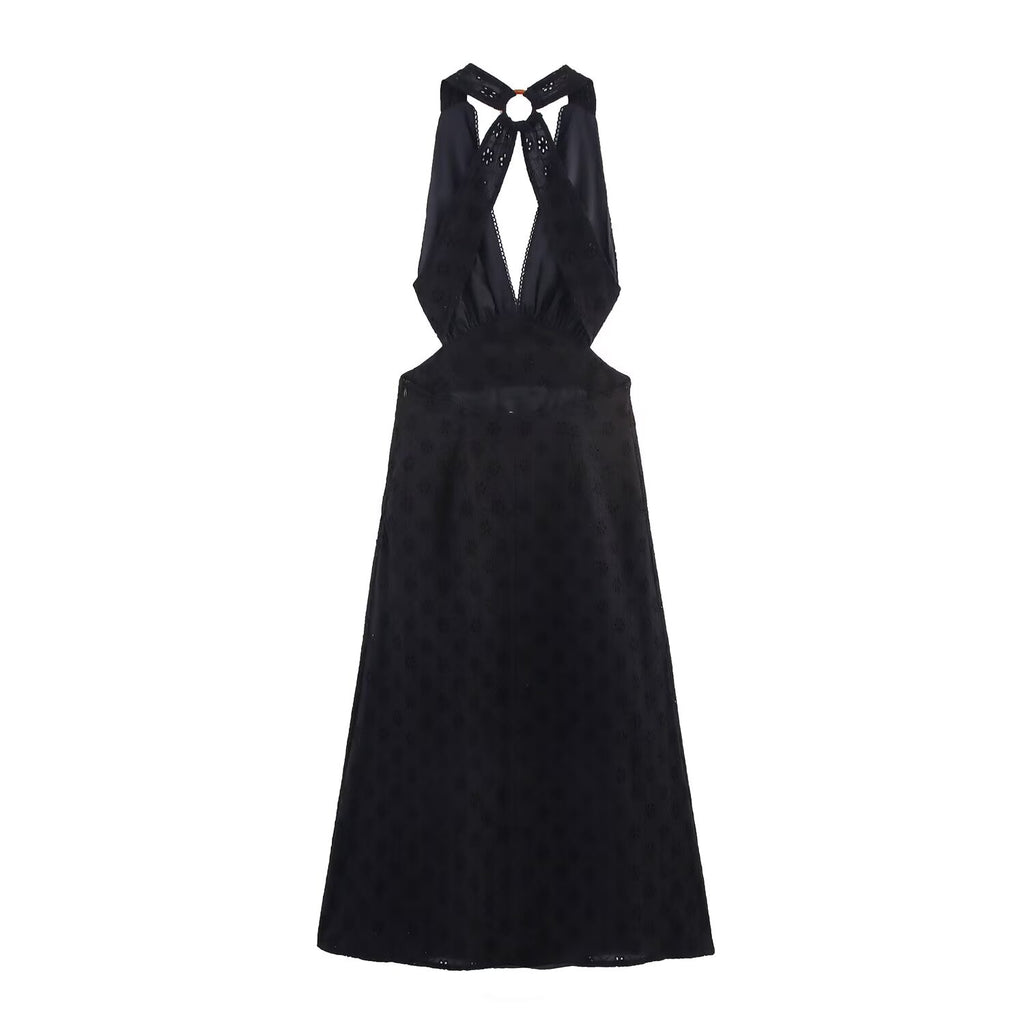 Women Clothing Summer French Hollow Out Cutout Embroidered Halter Sleeveless Dress Howe