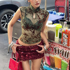Spring Women Clothing Printed Slim Mandarin Collar Personality See through Sleeveless Waist-Controlled Top YIMAIL