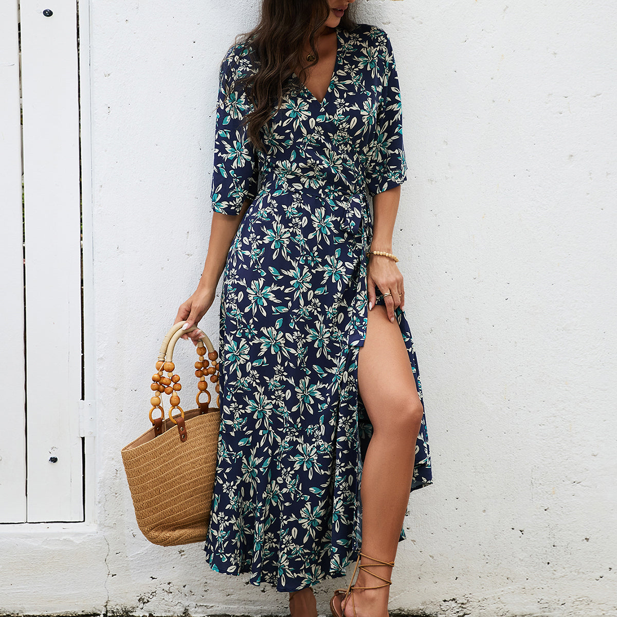 Women Printed One Piece Strapless Bow Long Dress Bohemian Vacation Sleeveless Midriff Baring Fishtail Beach Dress ANA