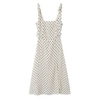Side Slit Strap Dress for Women Summer French Polka Dot Print Slim Fit Slimming Lace up Suspender Long Dress OMI