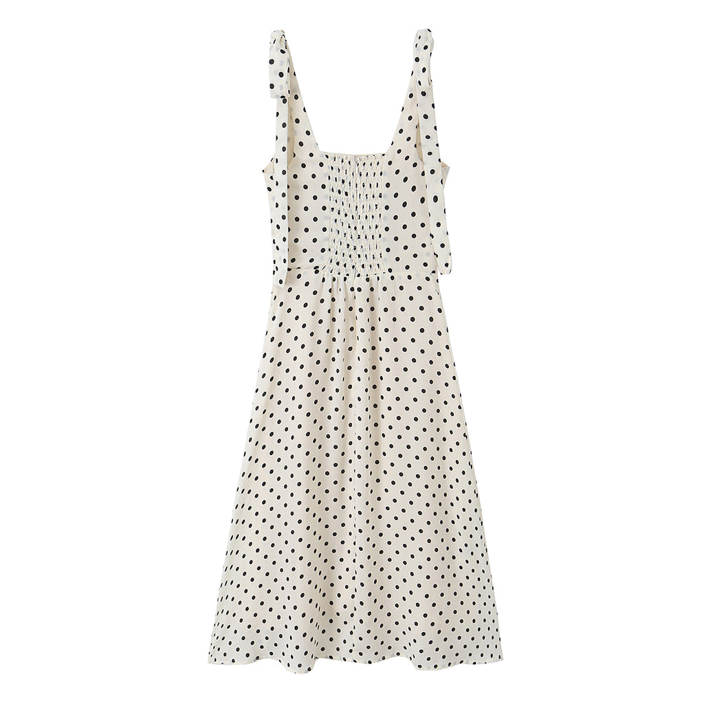 Side Slit Strap Dress for Women Summer French Polka Dot Print Slim Fit Slimming Lace up Suspender Long Dress OMI
