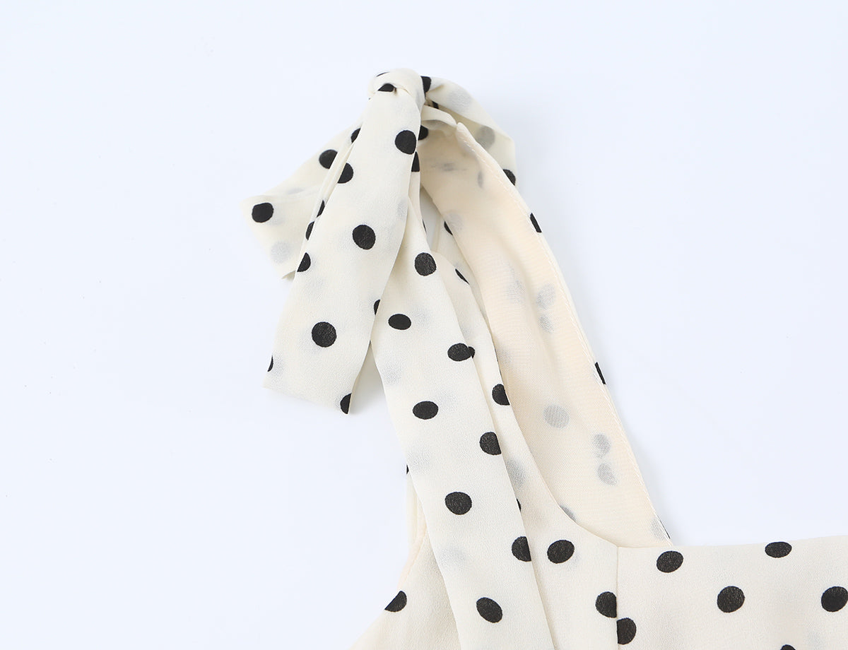 Side Slit Strap Dress for Women Summer French Polka Dot Print Slim Fit Slimming Lace up Suspender Long Dress OMI