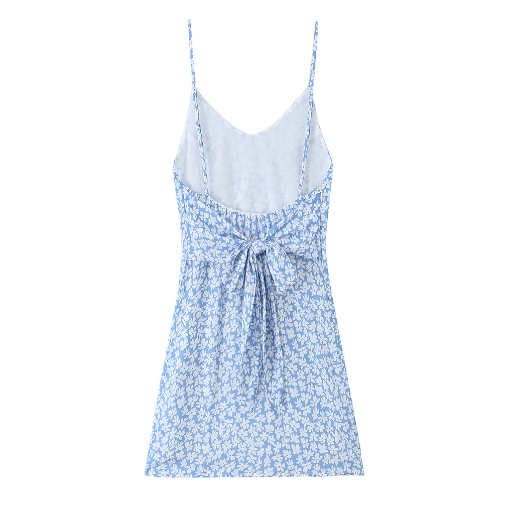 French Minority Vacation Floral Print Back Cut Lace up Bow Suspender Women Summer OMI