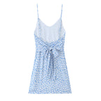 French Minority Vacation Floral Print Back Cut Lace up Bow Suspender Women Summer OMI