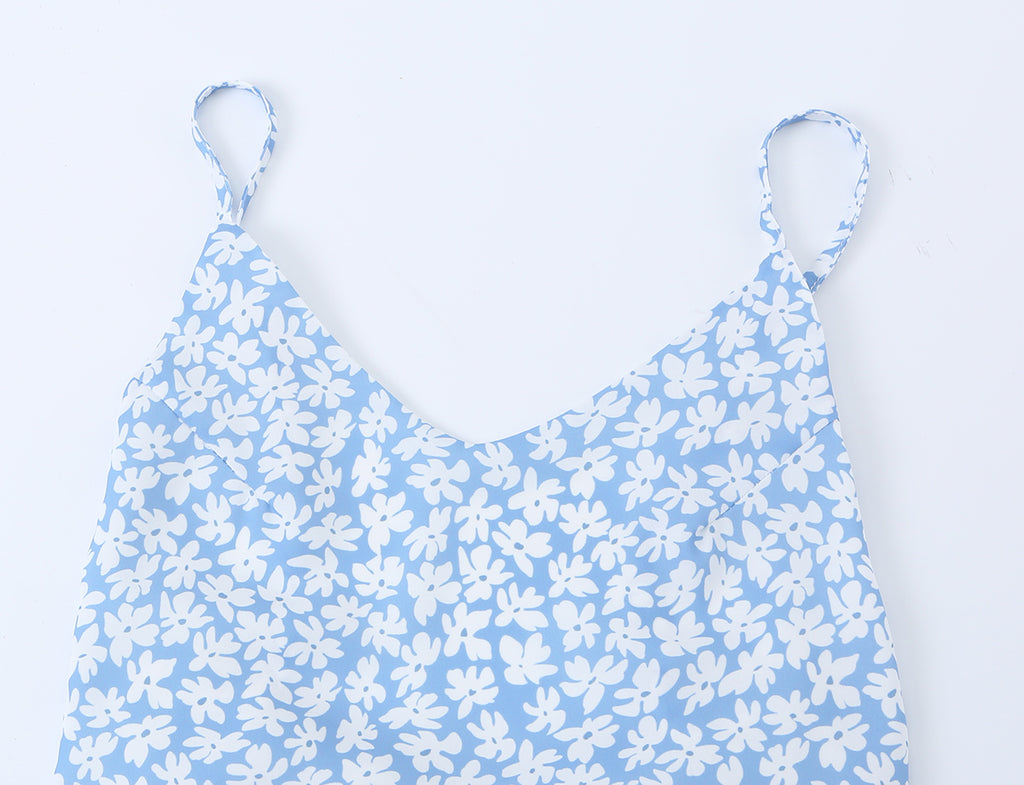 French Minority Vacation Floral Print Back Cut Lace up Bow Suspender Women Summer OMI