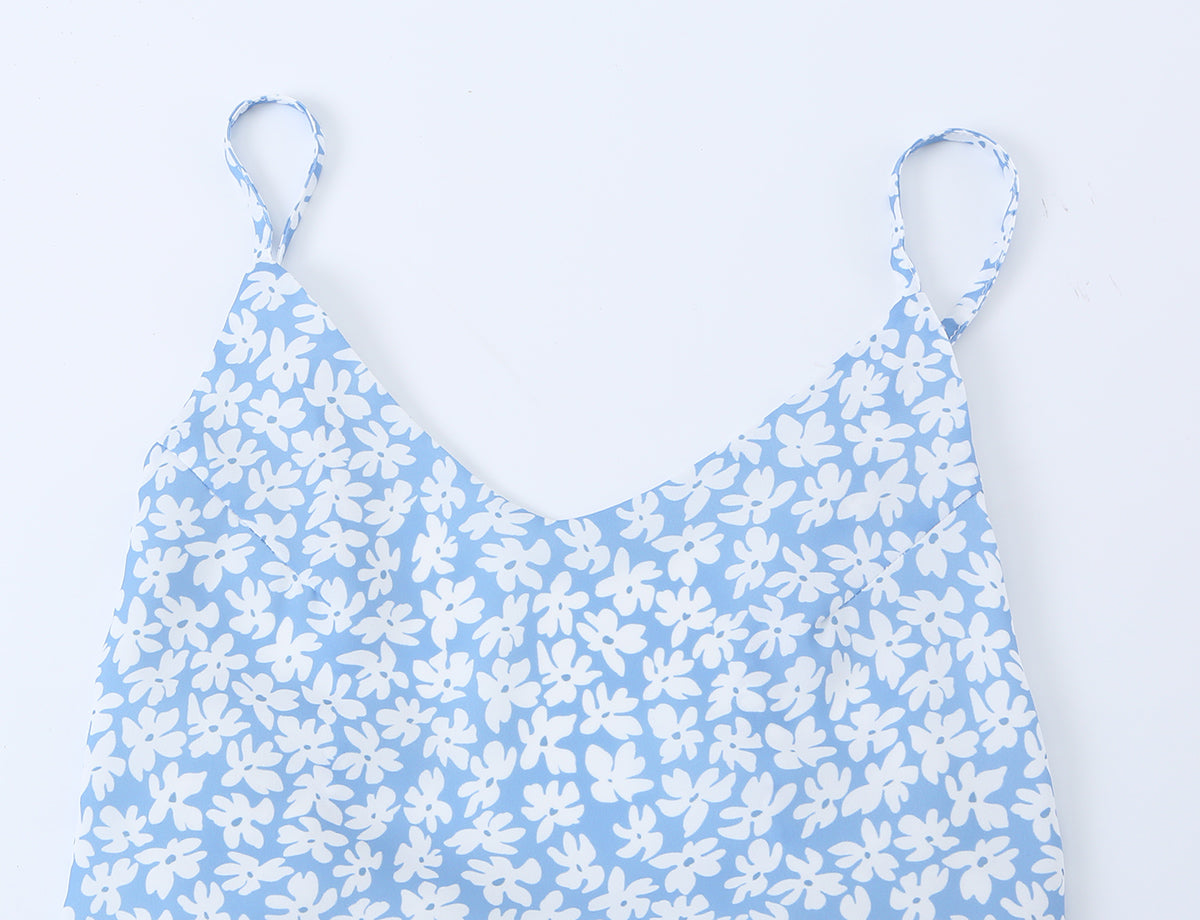 French Minority Vacation Floral Print Back Cut Lace up Bow Suspender Women Summer OMI