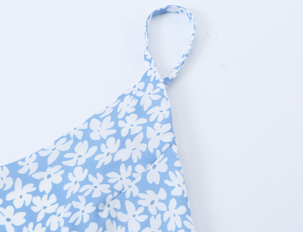 French Minority Vacation Floral Print Back Cut Lace up Bow Suspender Women Summer OMI