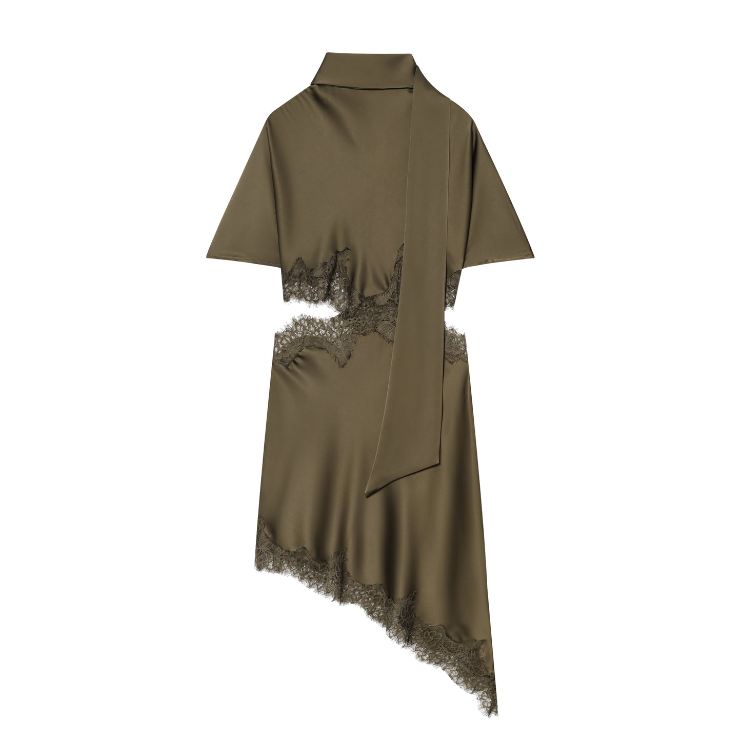 Sexy Lace Stitching Silk Satin Texture Waist Hollow Out Cutout Scarf Decoration Irregular Asymmetric Slim Fit Dress DaRoca