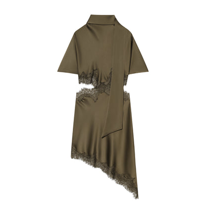Sexy Lace Stitching Silk Satin Texture Waist Hollow Out Cutout Scarf Decoration Irregular Asymmetric Slim Fit Dress DaRoca
