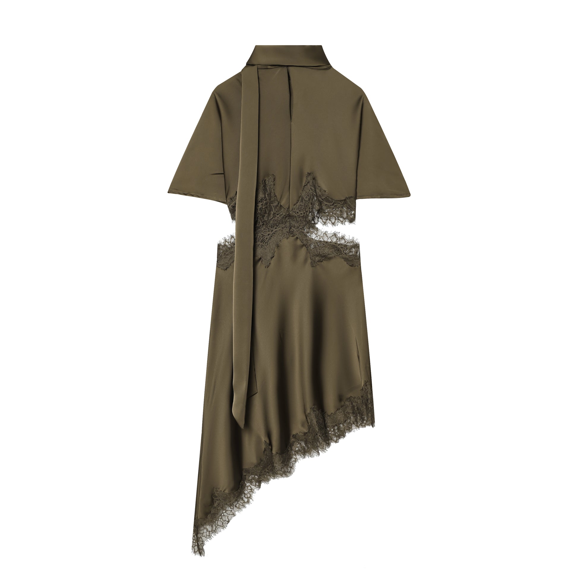 Sexy Lace Stitching Silk Satin Texture Waist Hollow Out Cutout Scarf Decoration Irregular Asymmetric Slim Fit Dress DaRoca