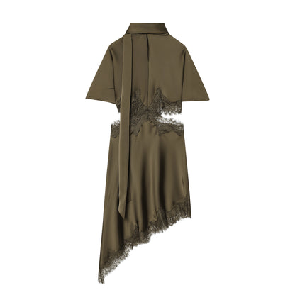 Sexy Lace Stitching Silk Satin Texture Waist Hollow Out Cutout Scarf Decoration Irregular Asymmetric Slim Fit Dress DaRoca