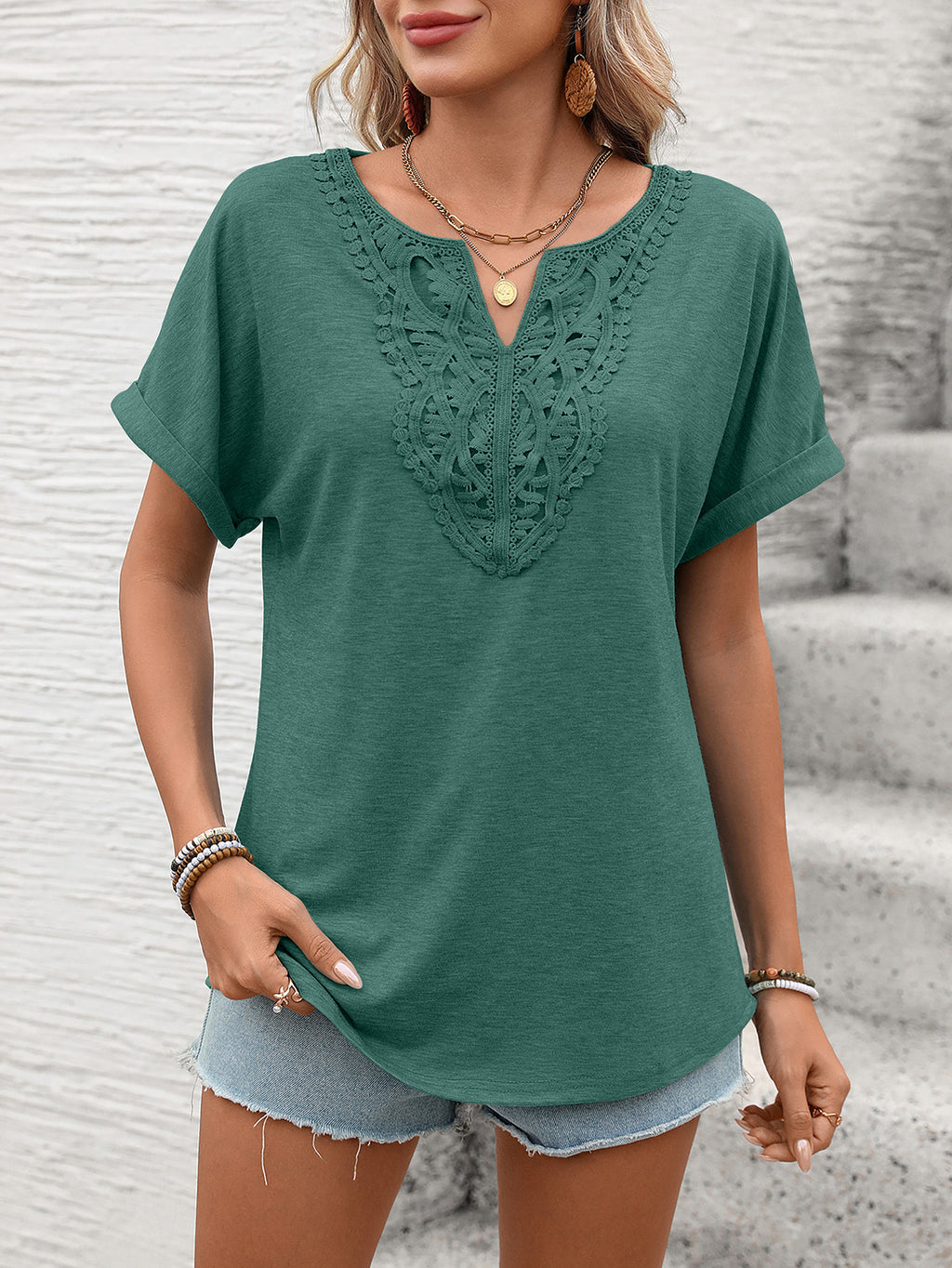 Women Clothing Spring Summer Solid Color V neck Lace Loose Short Sleeve T shirt Top Rinka