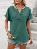 Women Clothing Spring Summer Solid Color V neck Lace Loose Short Sleeve T shirt Top Rinka