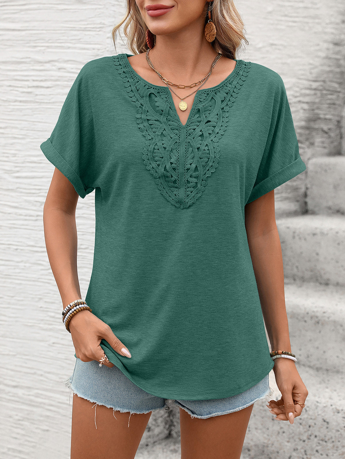 Women Clothing Spring Summer Solid Color V neck Lace Loose Short Sleeve T shirt Top Rinka