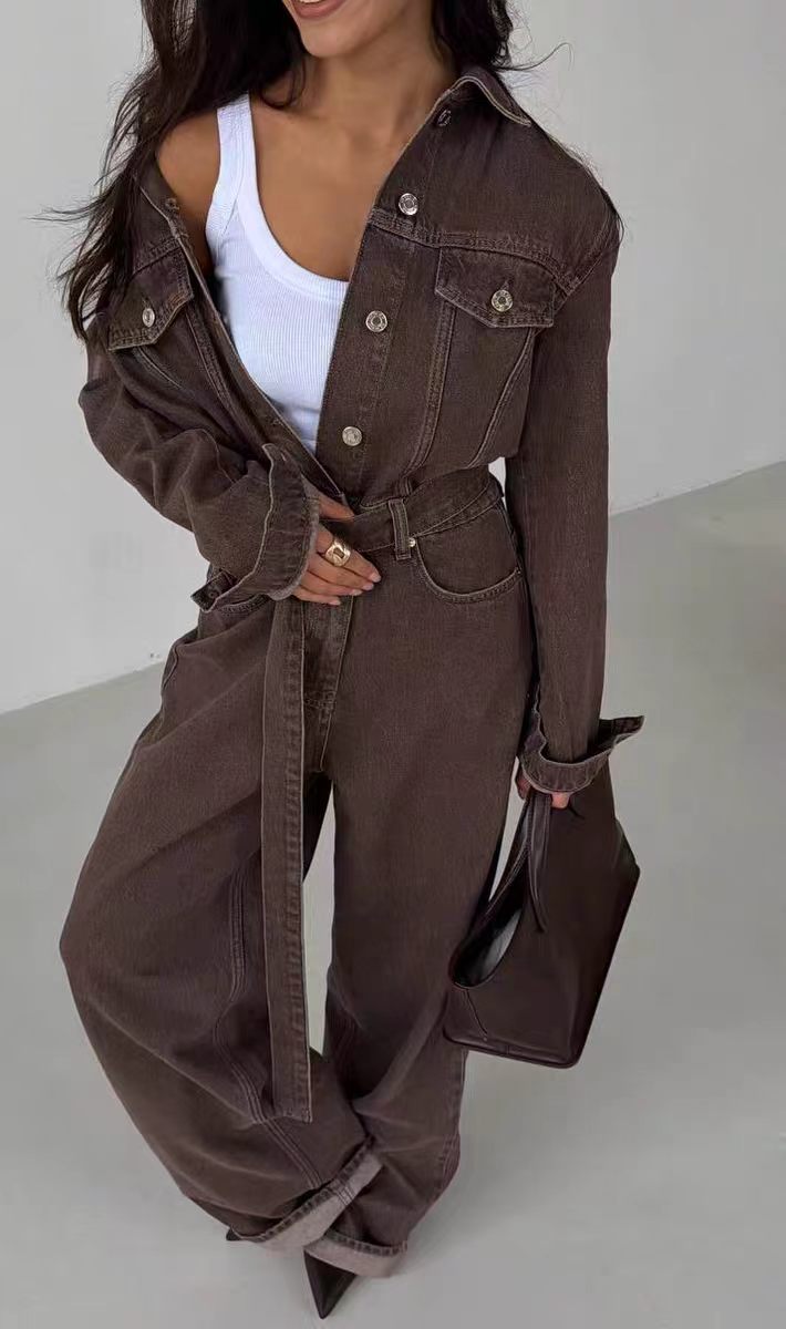 Women Clothing Summer Casual Solid Color Denim Cargo Pants Jumpsuit JuneMade