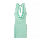 Gorgeous Thin Glittering Knitted Swing Collar Sleeveless Halter Backless Elegant Dress Women Summer Sexy Tight Waist Hip Dress JiaJia