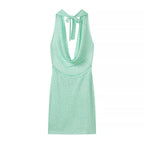 Gorgeous Thin Glittering Knitted Swing Collar Sleeveless Halter Backless Elegant Dress Women Summer Sexy Tight Waist Hip Dress JiaJia
