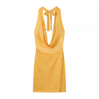 Gorgeous Thin Glittering Knitted Swing Collar Sleeveless Halter Backless Elegant Dress Women Summer Sexy Tight Waist Hip Dress JiaJia