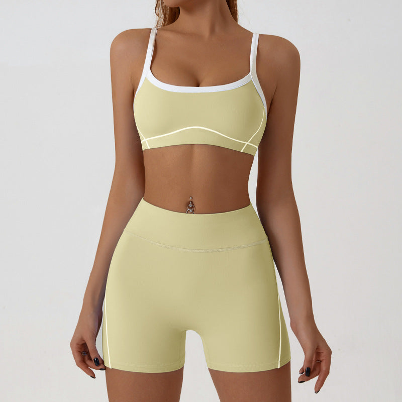 Summer Nude Feel Tight Fitness Clothes Women Set Belly Cinching Buttock Lifting Contrasting Color Sports Outdoor Running Yoga Clothes Raise