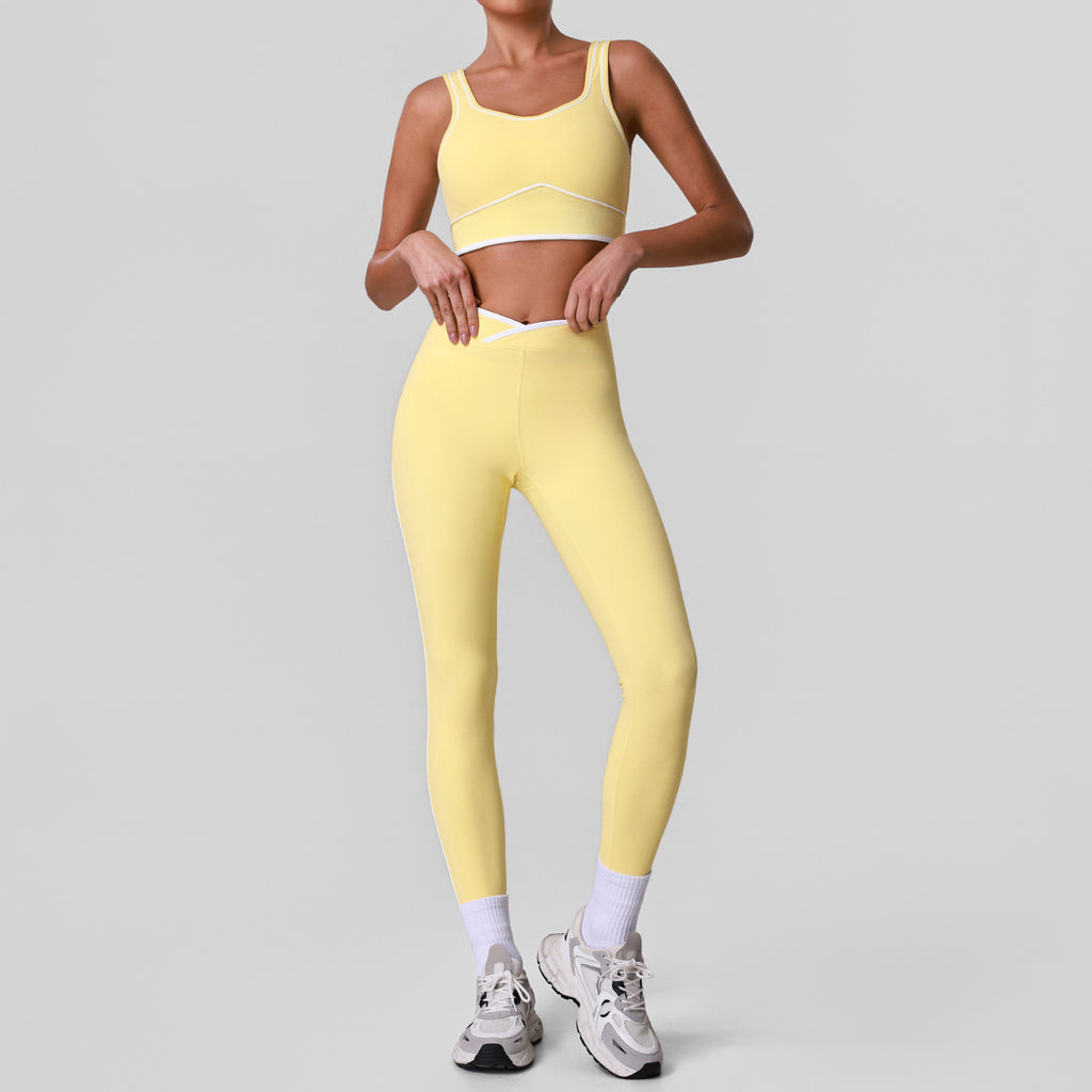 Nude Feel Contrast Color Yoga Cross High Waist Tights Sports Training Backless Bra Fitness Set YiGlo