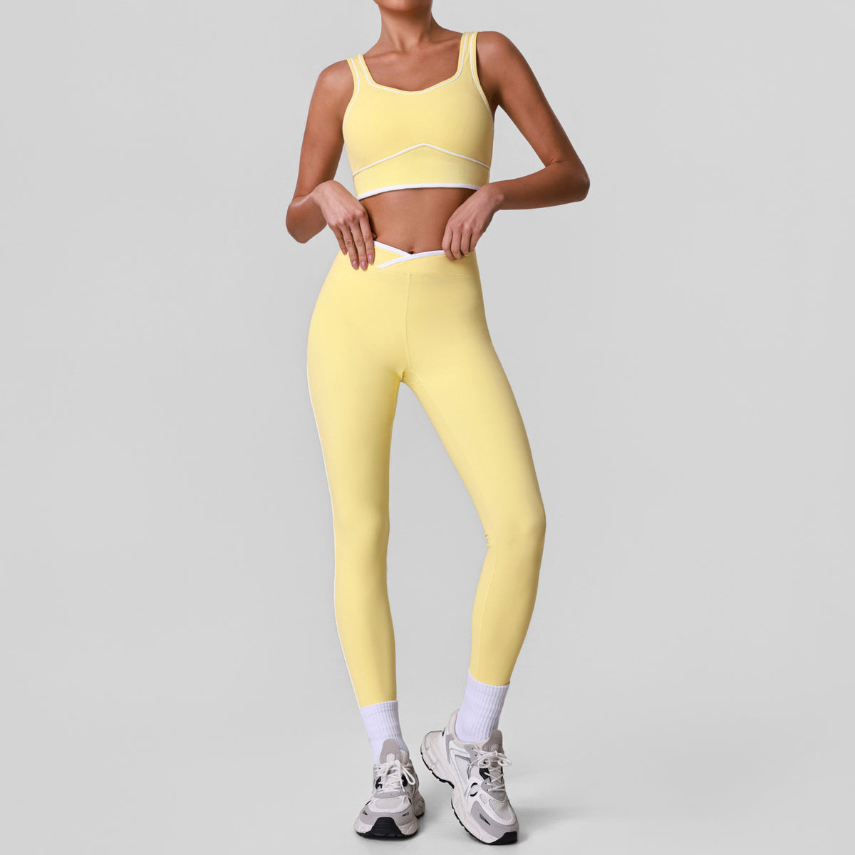 Nude Feel Contrast Color Yoga Cross High Waist Tights Sports Training Backless Bra Fitness Set YiGlo