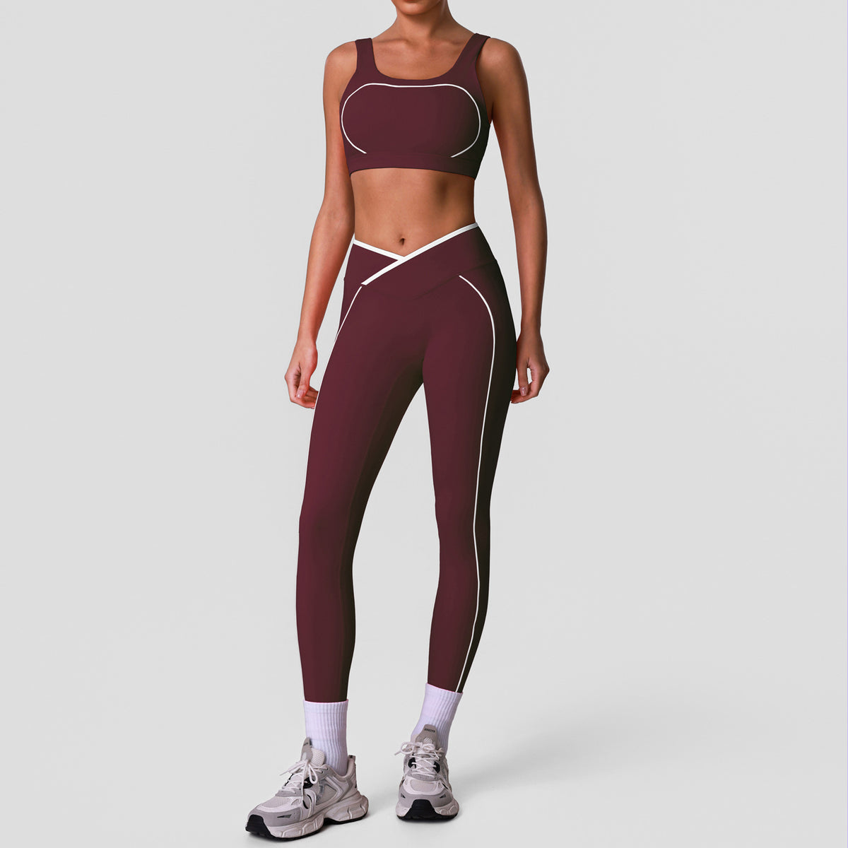 Women Tight Cross Waist Contrast Color Yoga Pants Sports Back Shaping Vest Fitness Set YiGlo