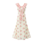 Sweet Elegant Pink Floral Ribbon Dress Summer Tight Waist Slimming Flounce Beautiful Dress PullWind