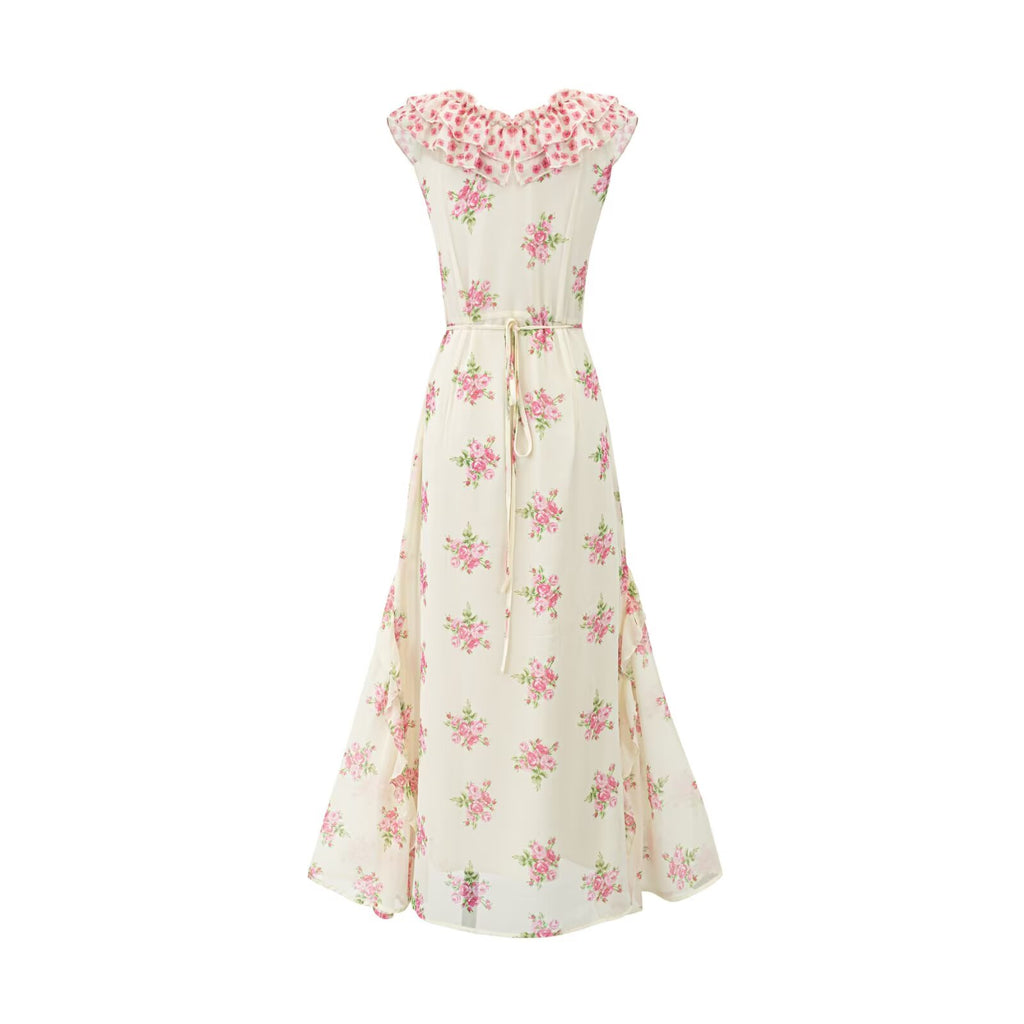Sweet Elegant Pink Floral Ribbon Dress Summer Tight Waist Slimming Flounce Beautiful Dress PullWind
