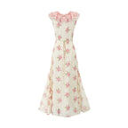 Sweet Elegant Pink Floral Ribbon Dress Summer Tight Waist Slimming Flounce Beautiful Dress PullWind