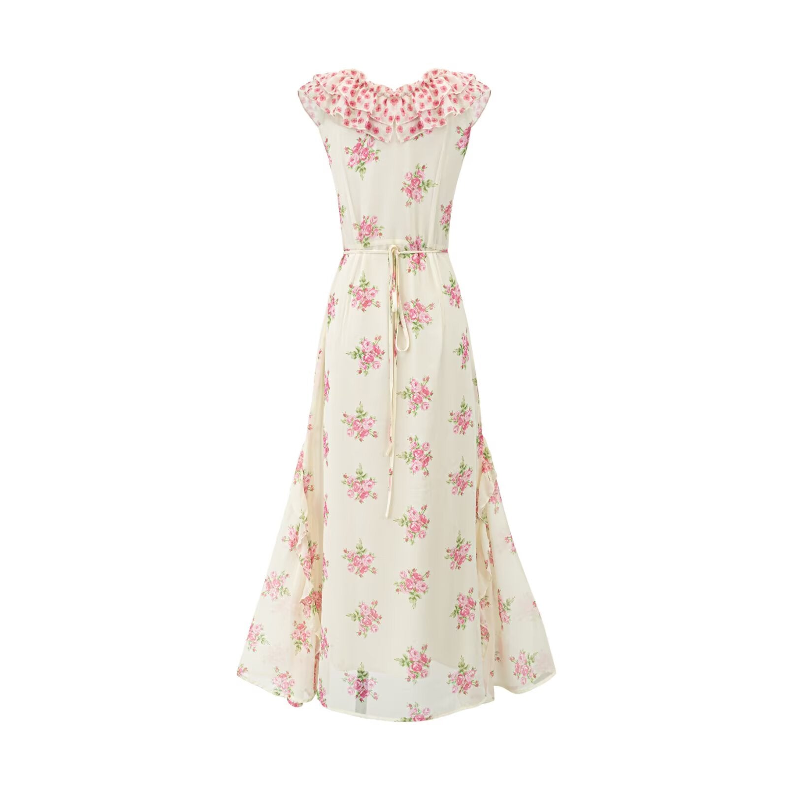 Sweet Elegant Pink Floral Ribbon Dress Summer Tight Waist Slimming Flounce Beautiful Dress PullWind