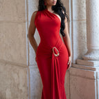 Women Metal Decoration Sexy Backless Dress One Shoulder Slim Dress MOOYAA