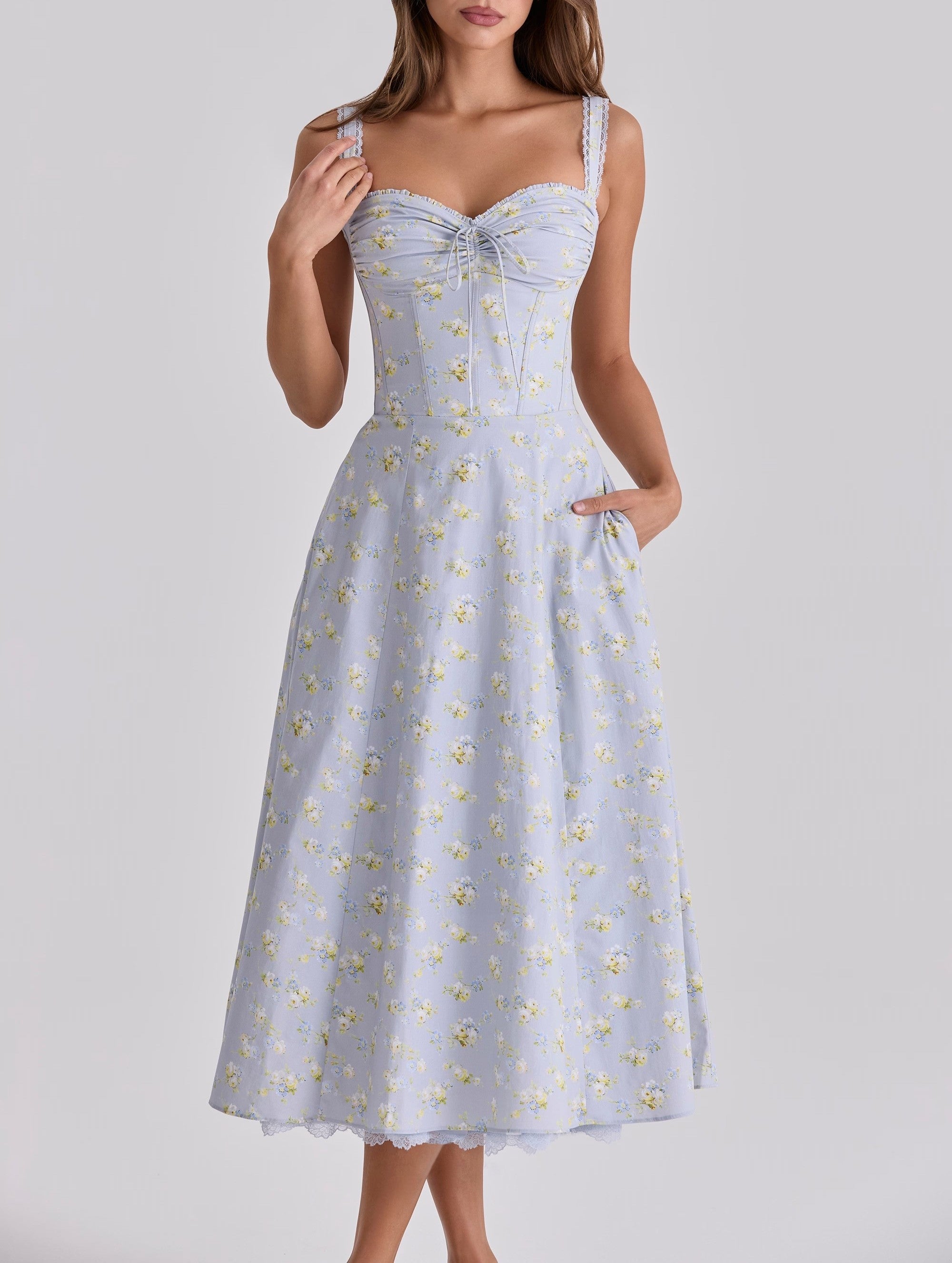 Lace Edge Elegant Baby Blue Print Boning Corset Waist Trimming Spaghetti Straps Vest Dress TinkleBell