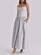 Retro Elegant Floral Pastoral Lace up Waist Controlled Strap Dress Long Dress TinkleBell