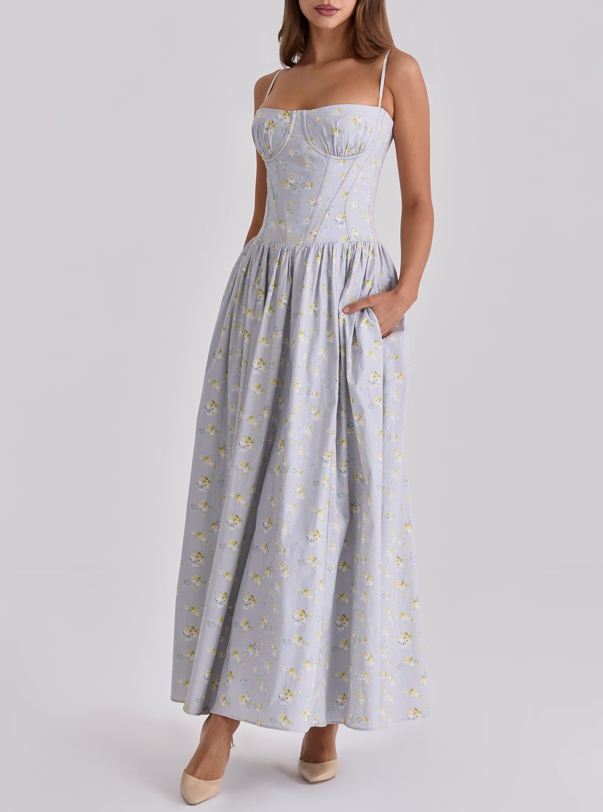 Retro Elegant Floral Pastoral Lace up Waist Controlled Strap Dress Long Dress TinkleBell