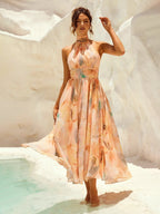 Summer Women Clothing Vacation Sleeveless Printed Backless Dress Venly