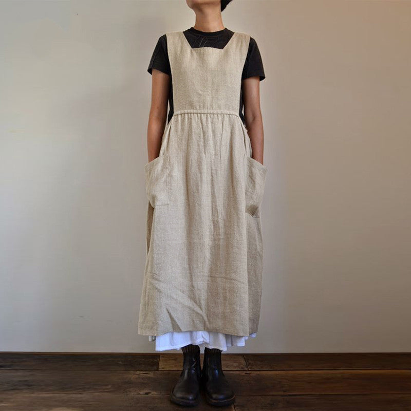 Women Cotton Linen Apron High Waist Long Circumference Home Wear Loose Maxi Dress FLOWTREE