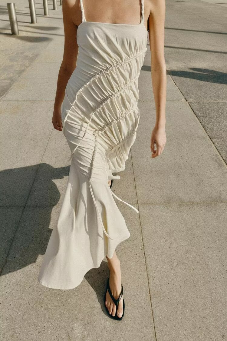 Women Clothing Summer Fashionable Asymmetric Pleated Suspender Maxi Dress TRAF