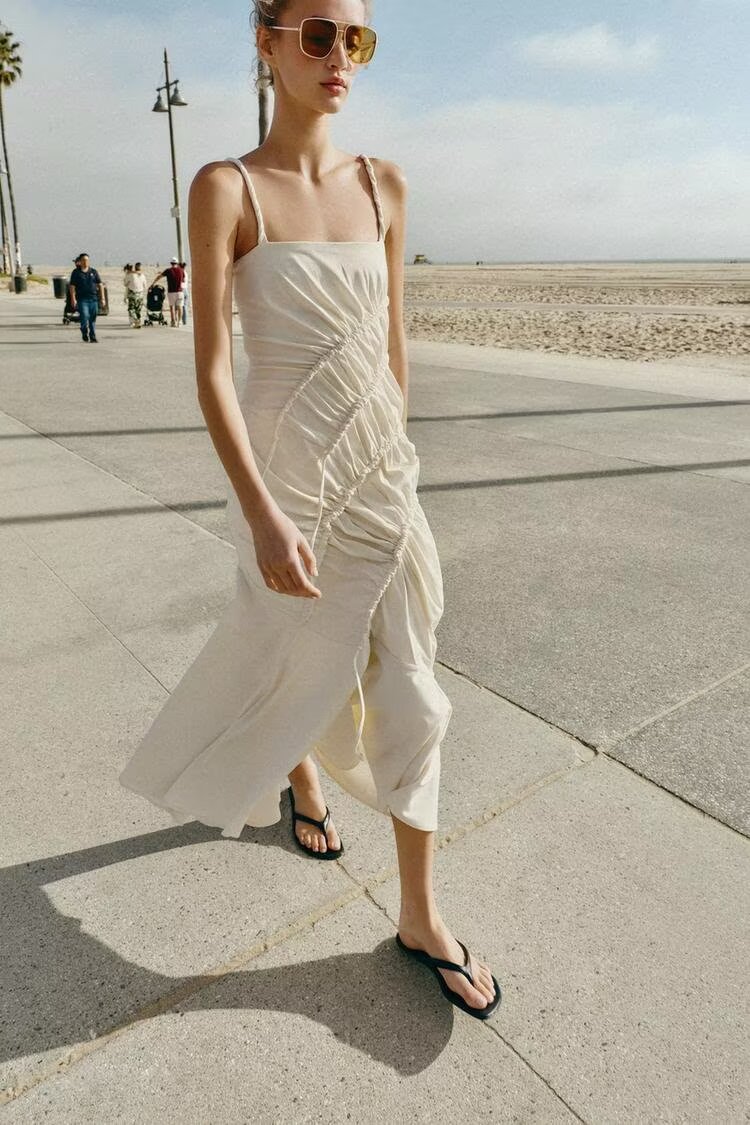Women Clothing Summer Fashionable Asymmetric Pleated Suspender Maxi Dress TRAF