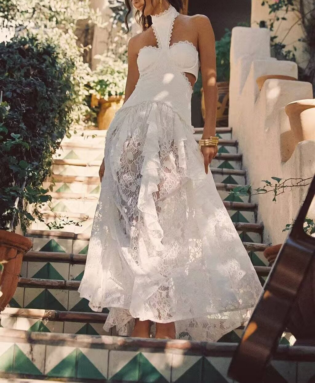 Lace Embroidered Silk Lace Tulle Backless French Halter Dress Women Summer Vacation Lightweight Dress JiaJia