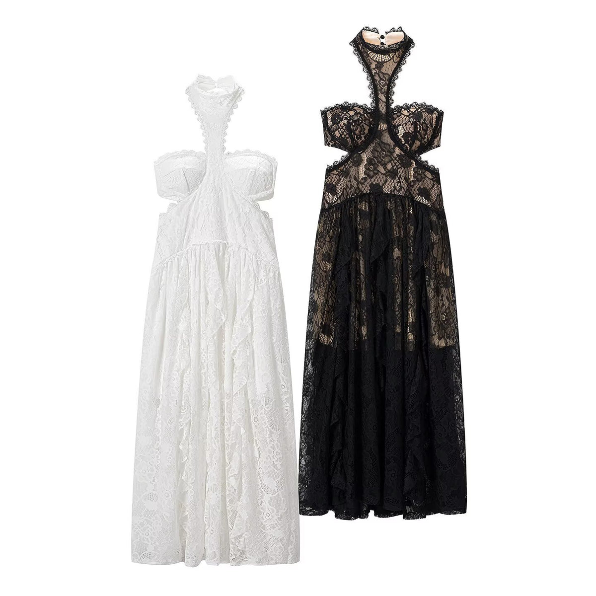 Lace Embroidered Silk Lace Tulle Backless French Halter Dress Women Summer Vacation Lightweight Dress JiaJia