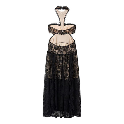 Lace Embroidered Silk Lace Tulle Backless French Halter Dress Women Summer Vacation Lightweight Dress JiaJia