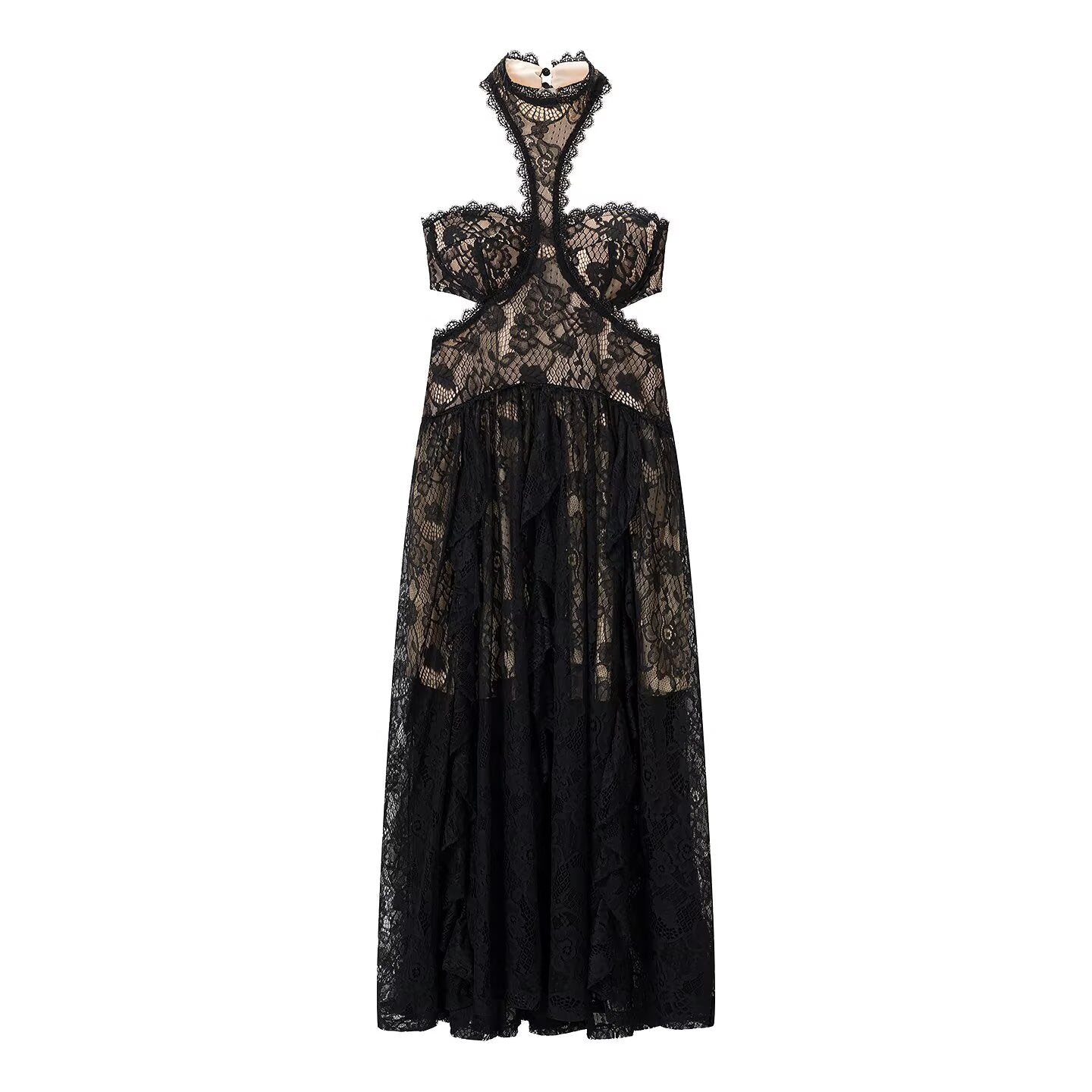 Lace Embroidered Silk Lace Tulle Backless French Halter Dress Women Summer Vacation Lightweight Dress JiaJia