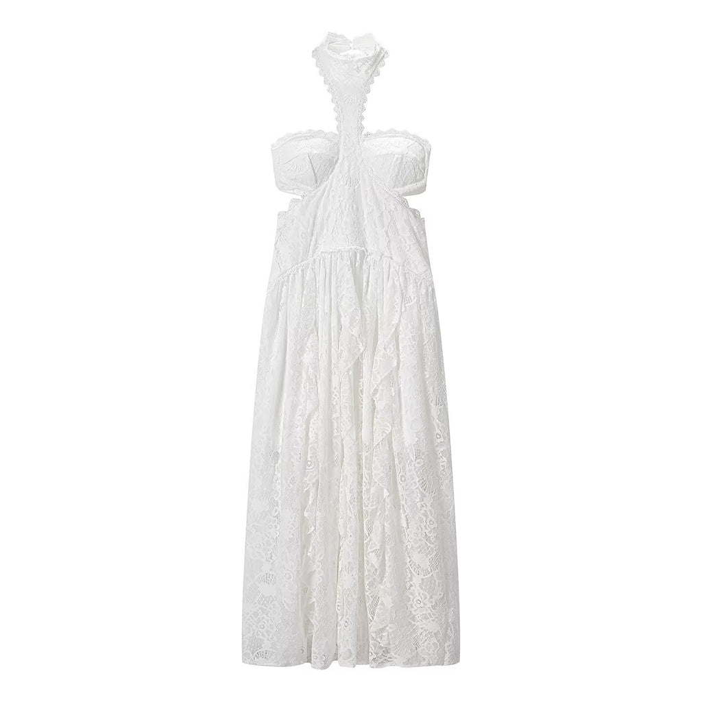 Lace Embroidered Silk Lace Tulle Backless French Halter Dress Women Summer Vacation Lightweight Dress JiaJia