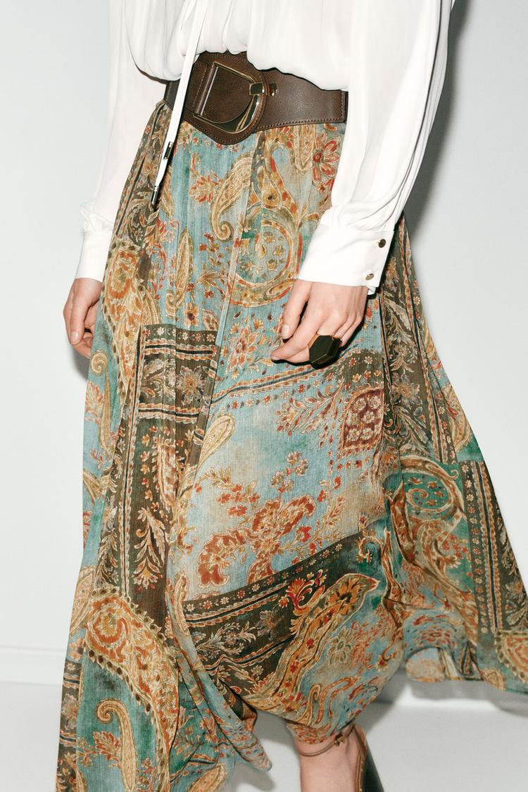 Women Clothing Summer Retro Fashionable Printed Chiffon Midi Skirt CHEN