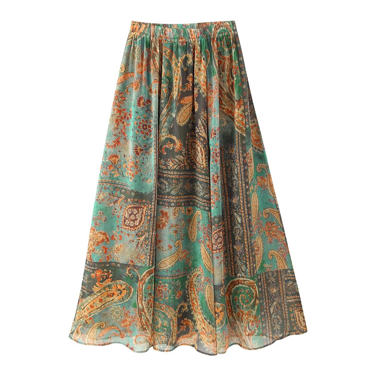 Women Clothing Summer Retro Fashionable Printed Chiffon Midi Skirt CHEN