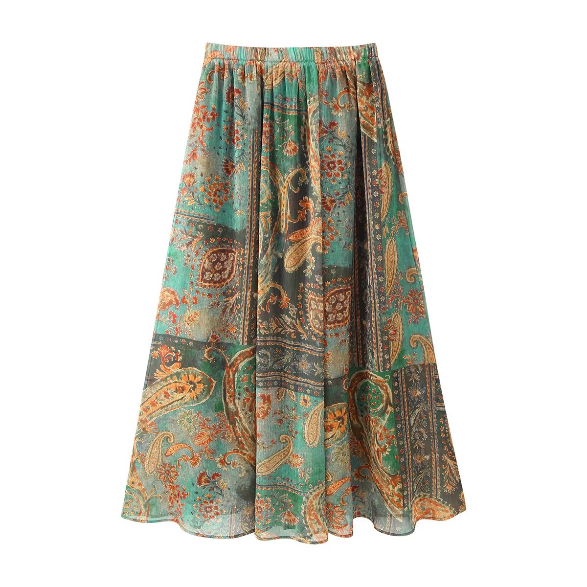 Women Clothing Summer Retro Fashionable Printed Chiffon Midi Skirt CHEN
